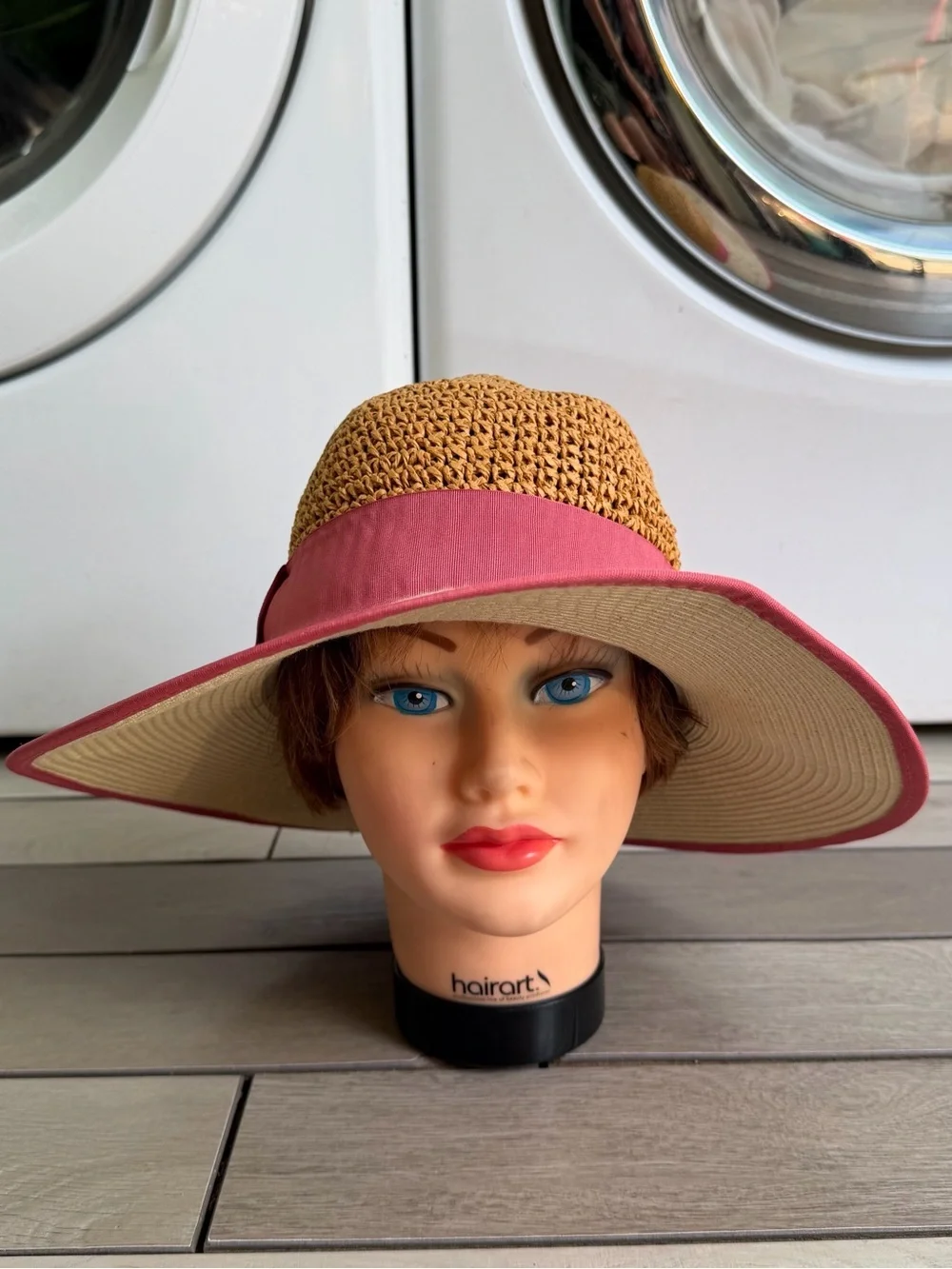 Halogen Wide Brim Sun Hat with Pink Trim and Natural Weave